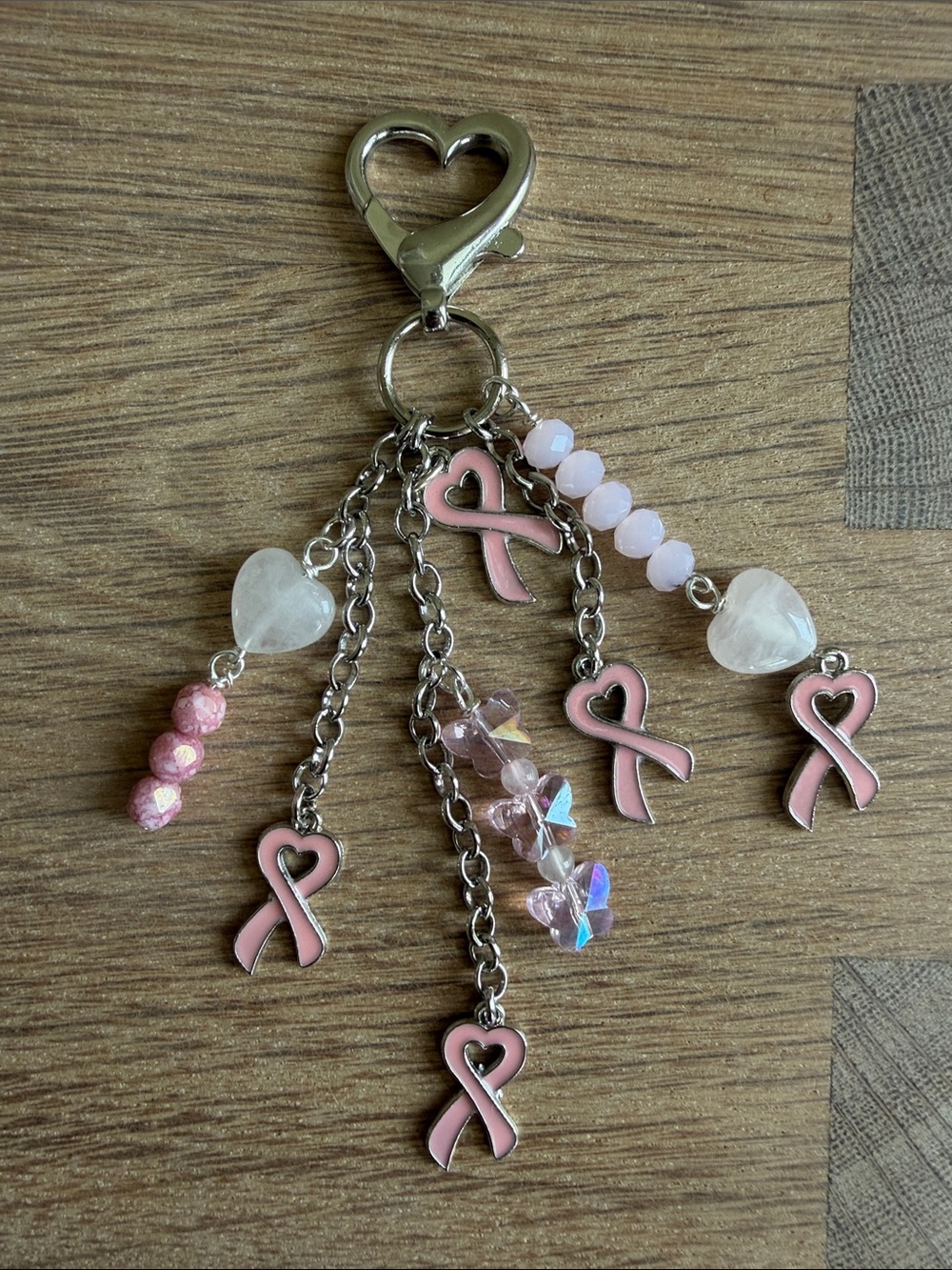 HAND CRAFTED BREAST CANCER AWARENESS BAG CHARM Pink Ribbon Purse Clip Key Chain - Picture 6 of 8